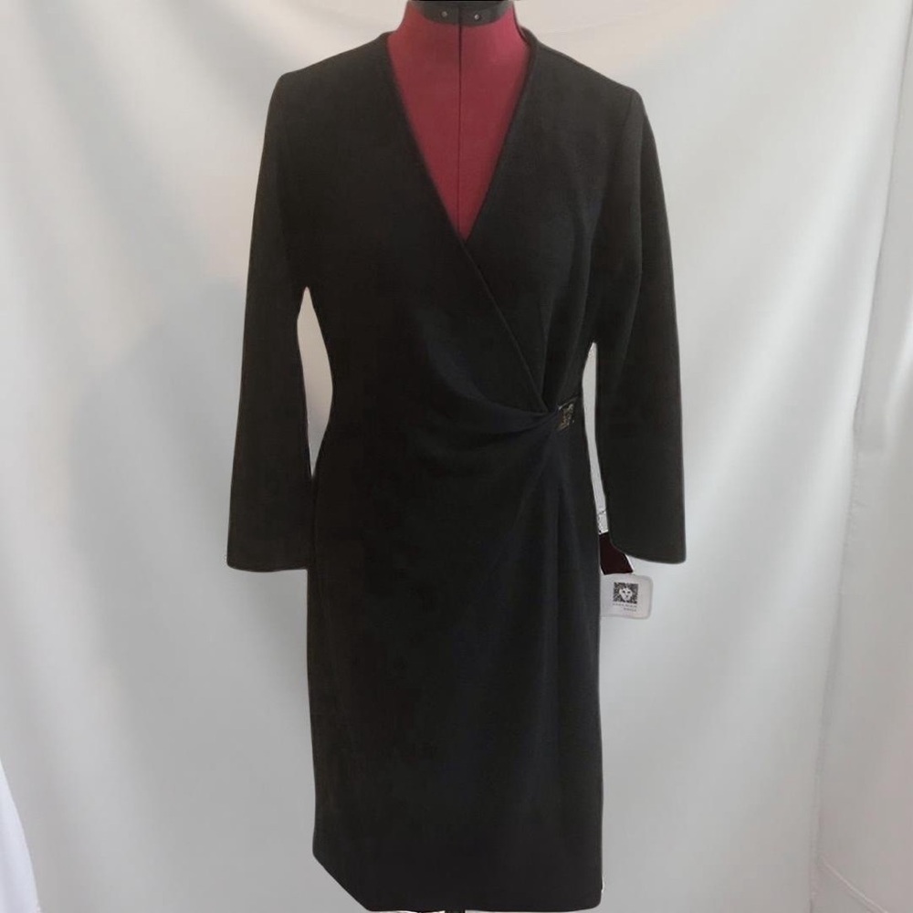 ✨Anne Klein Dress Faux Wrap Long Sleeve Gold Buckle NWT